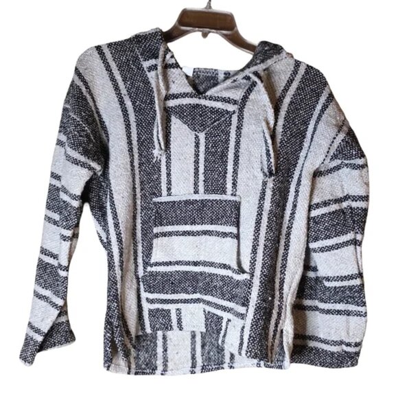Handmade Mexican Baja Hoodie • Black & White Striped Pullover • Size Small - Picture 4 of 4